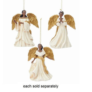 African American Angel with Ivory Dress and Gold Wings Ornament