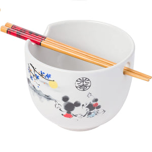 20 Oz. Disney Mickey Minnie Watching Sunset Asian Watercolor Art Ramen Bowl with Chopsticks