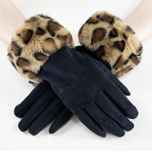 Faux Fur Leopard Cuff Black Gloves