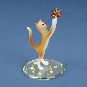 Glass Baron Tabby Cat with Butterfly Figurine