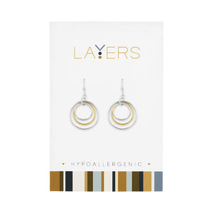 Silver Two-Tone Three Circle Dangle Layers Earrings