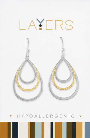 Silver Two-Toned Triple Teardrop Dangle Layers Earrings