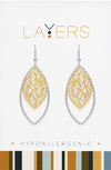 Silver Two-Toned Ribbed Geometric Leaf Dangle Layers Earrings