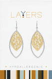 Silver Two-Toned Ribbed Geometric Leaf Dangle Layers Earrings