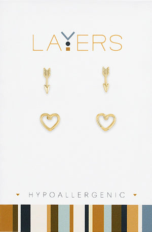 Gold Arrow & Open Heart Duo Pair Stud Layers Earrings