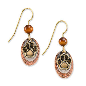 Silver Forest Earrings Gold Pawprint on Orange Teardrop