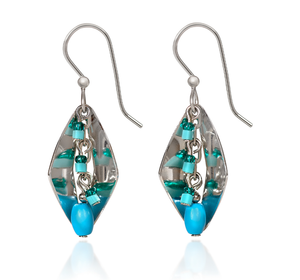Silver Forest Earrings Folded Blue Beads on Silver Diamond Drop
