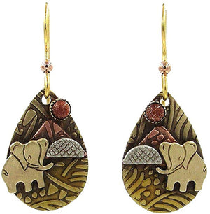 Silver Forest Elephant on Teardrop with Goldstone Earrings