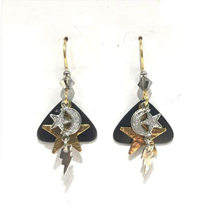 Silver Forest Stars and Moon on Black Triangle Earrings