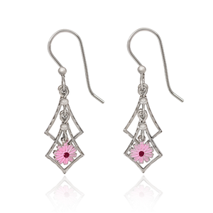 Silver Forest Earrings Diamond Cascade with Pink Flower Drop