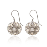 Silver Forest Earrings White Filigree Flower on Round Disc