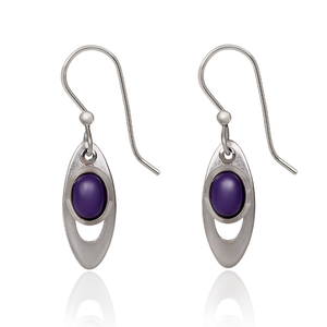 Silver Forest Earrings Open Long Oval with Purple Bead