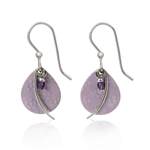 Silver Forest Earrings Curvy Silver on Purple Oval with Purple Bead Drop