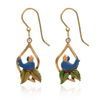 Silver Forest Earrings Blue Bird on Green Leaves in Open Tree Drop