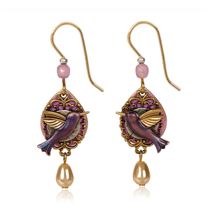 Silver Forest Earrings Purple Hummingbird on Laced Oval with Gold Bead Drop