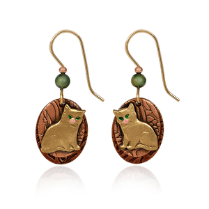 Silver Forest Earrings Pretty Gold Kitty on Bronze Disc with Green Bead