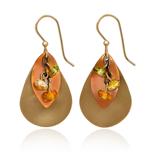Silver Forest Earrings Orange Gold Layered Shapes with Cascading Beads