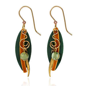 Silver Forest Earrings Layered Long Shapes with Gold Coil and Green Bead