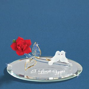 I Love You Red Rose with Frosted White Doves Glass Figurine