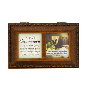 First Communion Brown Petite Jewelry Music Box Plays Ave Maria 