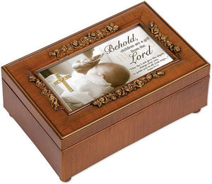 Behold Children are a Gift Woodgrain Embossed Jewelry Music Box Plays Amazing Grace 