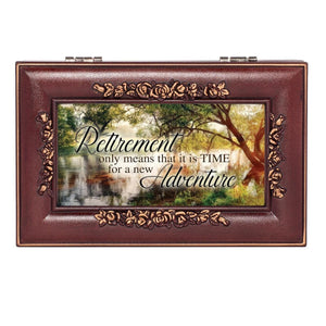 Retirement Wood Pond Scene Woodgrain Embossed Jewelry Music Box Plays