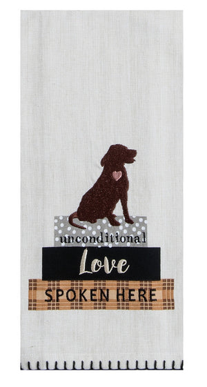 Unconditional Love Spoken Here Dog Embroidered Tea Towel