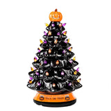 Handcrafted Cordless Black Ceramic Halloween Tree with LED Bulbs and Jack-O-Lantern Pumpkin Tree Topper 15"