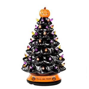 Handcrafted Cordless Black Ceramic Halloween Tree with LED Bulbs and Jack-O-Lantern Pumpkin Tree Topper 15"