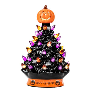 Handcrafted Cordless Black Ceramic Halloween Tree with LED Bulbs and Jack-O-Lantern Pumpkin Tree Topper 9"