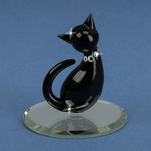 Black Cat with White Crystal Collar Glass Figurine