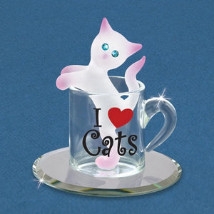 I Love Cats Frosted Kitty in a Cup with Blue Crystals Glass Figurine