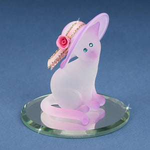 Frosted Pink and White Cat with Hat and Pink Rose Glass Figurine