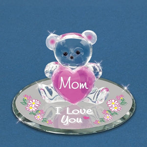 Mom I Love You Bear with Pink Heart Glass Figurine