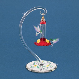 Two Hummingbirds Hover Over Hanging Bird Feeder Glass Figurine