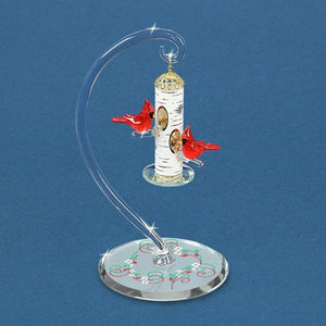 Two Cardinals Perched on Birch Bird Feeder Glass Figurine