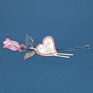 22Kt Gold Trimmed Pink Rose Bud on Long Stem for My Wife My Love My Best Friend Glass Figurine