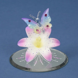 Small Butterfly on Lavender Lily with Pink Crystals Glass Figurine