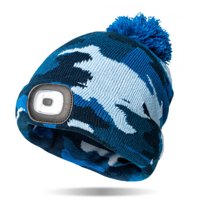 Blue Camo Kids Night Scope™ Rechargeable LED Light Beanie Pom Hat