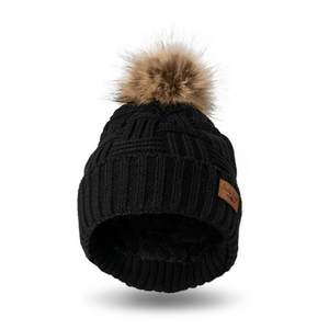 Plush Lined Knit Beanie Hat with Pom Black