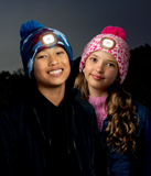 Blue Camo Kids Night Scope™ Rechargeable LED Light Beanie Pom Hat