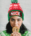 Naughty or Nice Changeable Sequin Snowflake Red Pom Beanie Hat