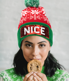 Naughty or Nice Changeable Sequin Snowflake Red Pom Beanie Hat