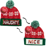 Naughty or Nice Changeable Sequin Snowflake Red Pom Beanie Hat