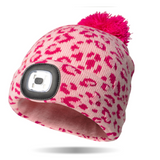 Pink Leopard Kids Night Scope™ Rechargeable LED Light Beanie Pom Hat