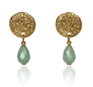 Silver Forest Floral Stamped Disc with Light Green Gem Drop Earrings